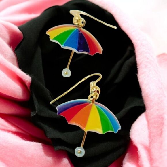 Colorful Umbrella Earrings Gold Dangle Rainy Day Shiny Acrylic Pearl Casual New - Picture 1 of 6